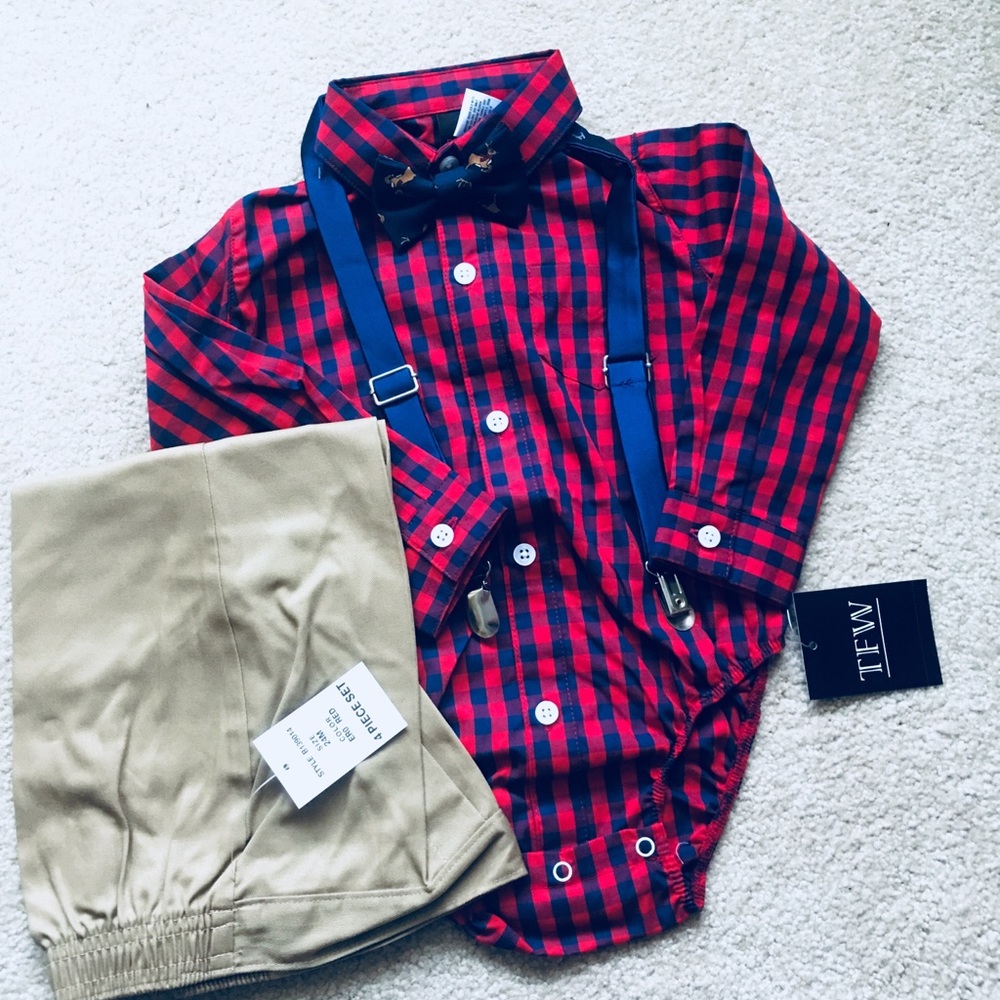 🔹Cure 4 Pc set , NWT bowtie suspenders, 24months
